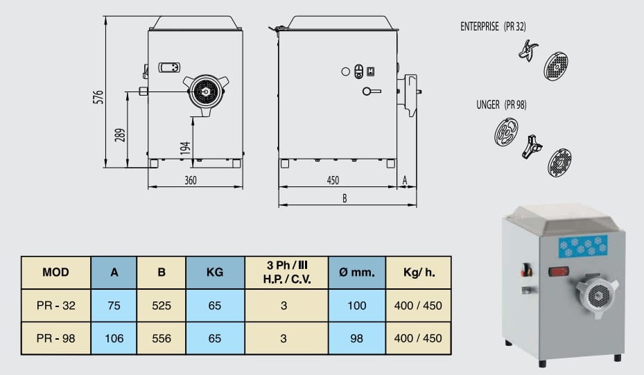 PICADORA DE CARNE REFRIGERADA TRIFÁSICA DE SOBREMESA ENTERPRISE SIMPLE CORTE PR-32 - Imagen 2